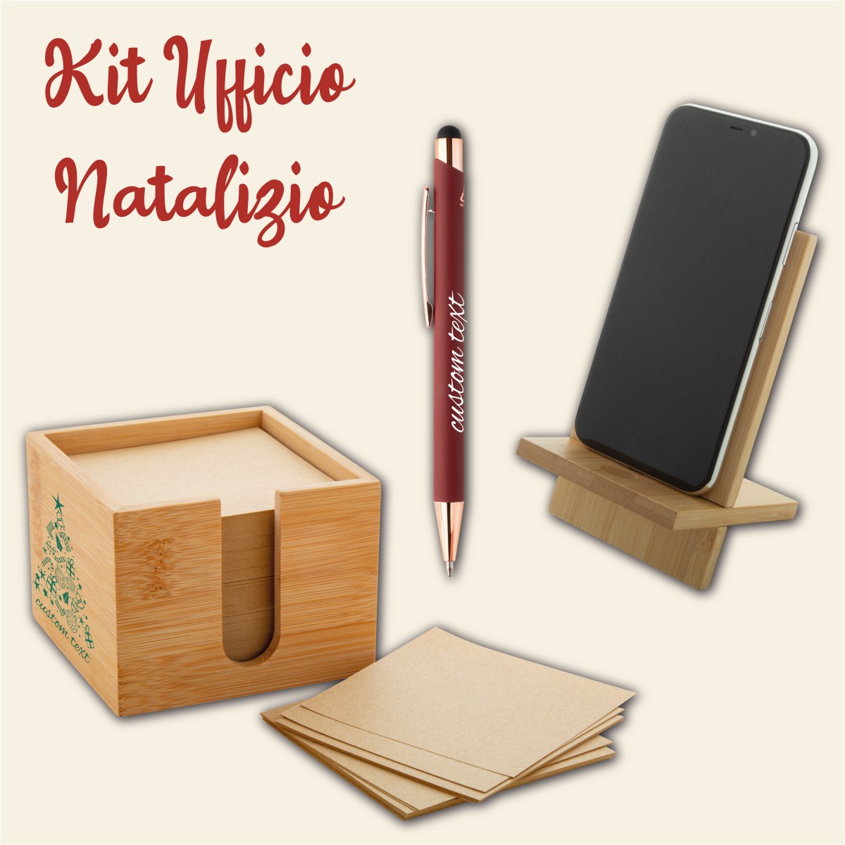 Kit Natalizio Ufficio: Supporto Cellulare + Porta Foglietti+ Penna Touchscreen Personalizzati Con un Nome o una Breve Frase
