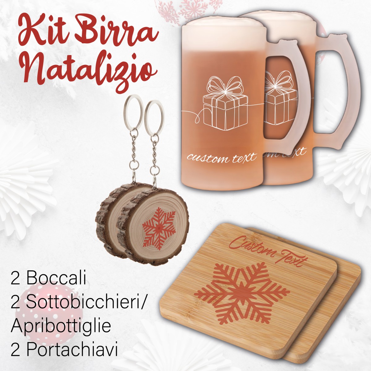Kit Natalizio Birra: 2 Boccali +2 Sottobicchieri/ Apribottiglie 2 Portachiavi  Personalizzati Con un Nome o una Breve Frase