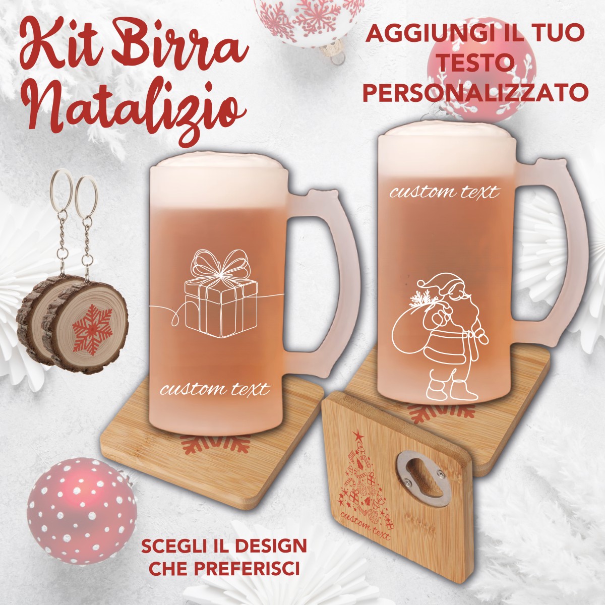 Kit Natalizio Birra: 2 Boccali +2 Sottobicchieri/ Apribottiglie 2 Portachiavi  Personalizzati Con un Nome o una Breve Frase