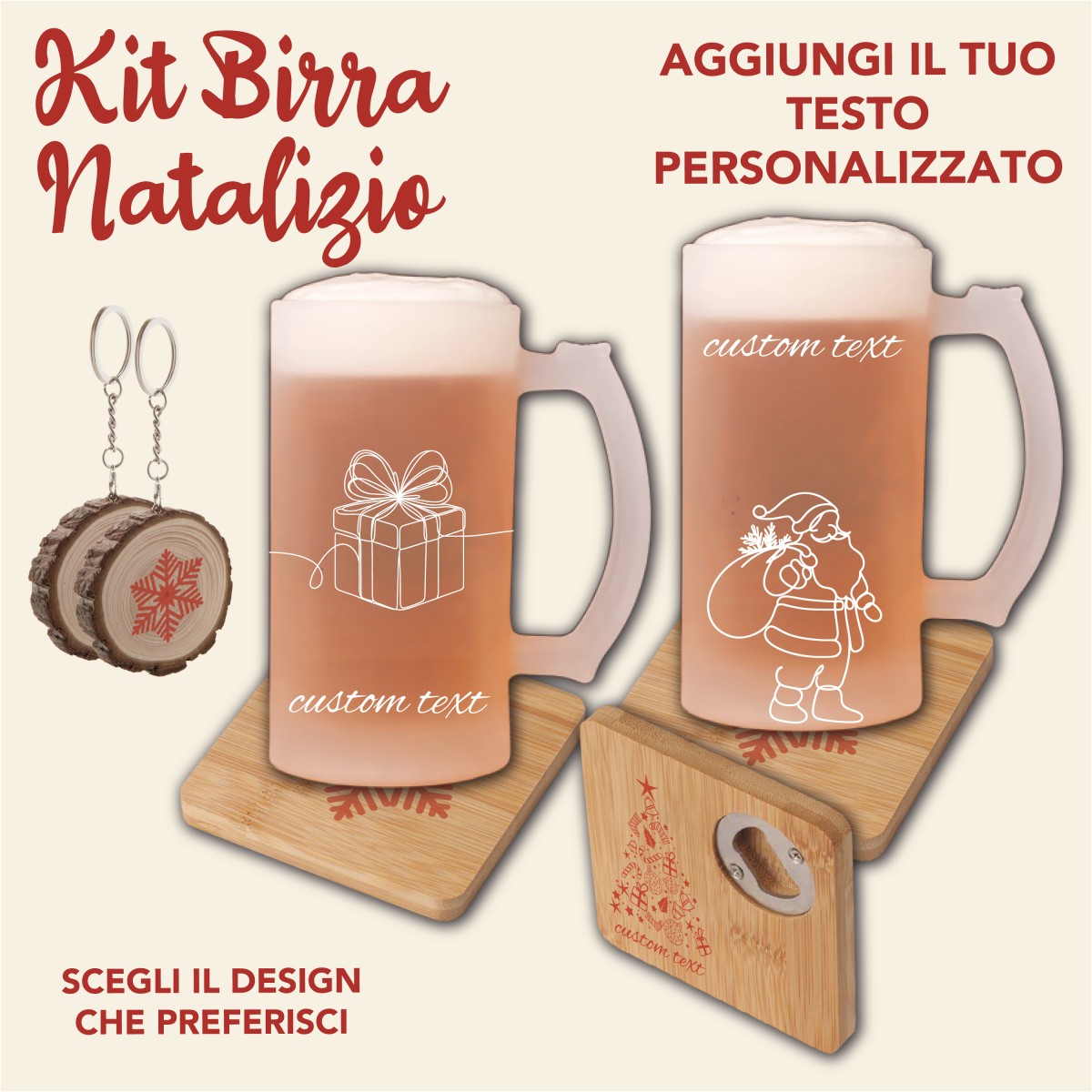 Kit Natalizio Birra: 2 Boccali +2 Sottobicchieri/ Apribottiglie 2 Portachiavi  Personalizzati Con un Nome o una Breve Frase