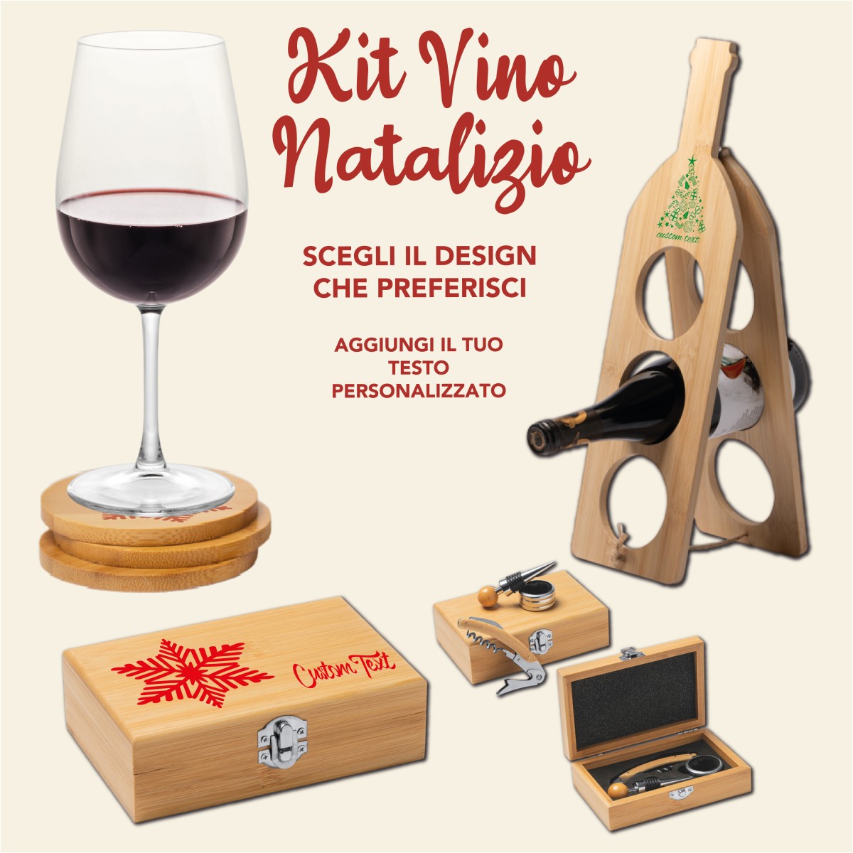Kit Natalizio Vino: 4 Sottobicchieri + Porta bottiglie + Kit Cavatappi Personalizzati Con un Nome o una Breve Frase