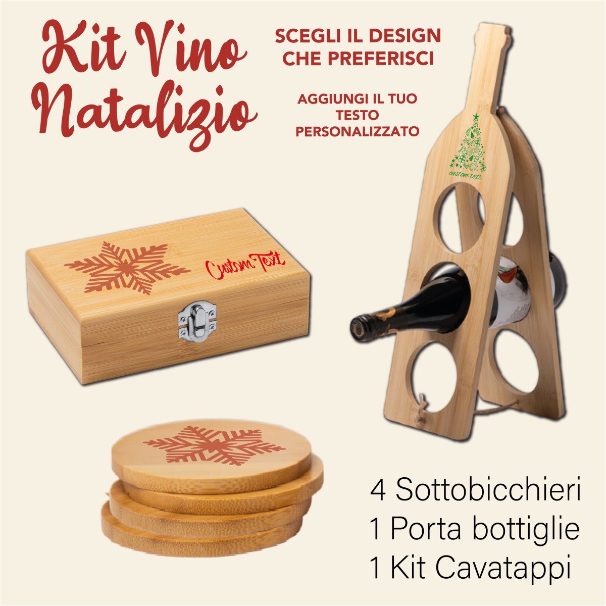 Kit Natalizio Vino: 4 Sottobicchieri + Porta bottiglie + Kit Cavatappi Personalizzati Con un Nome o una Breve Frase