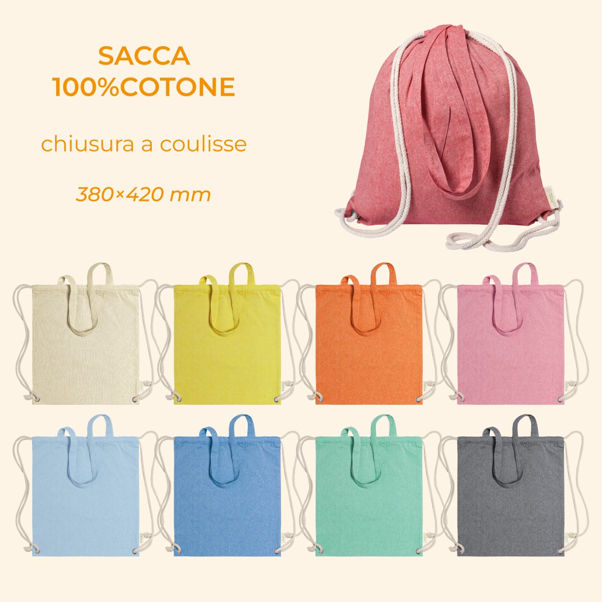 Sacca/Zaino HOLBERY 100% Cotone con Chiusura a Coulisse e Lunghi Cordoncini Personalizzata
