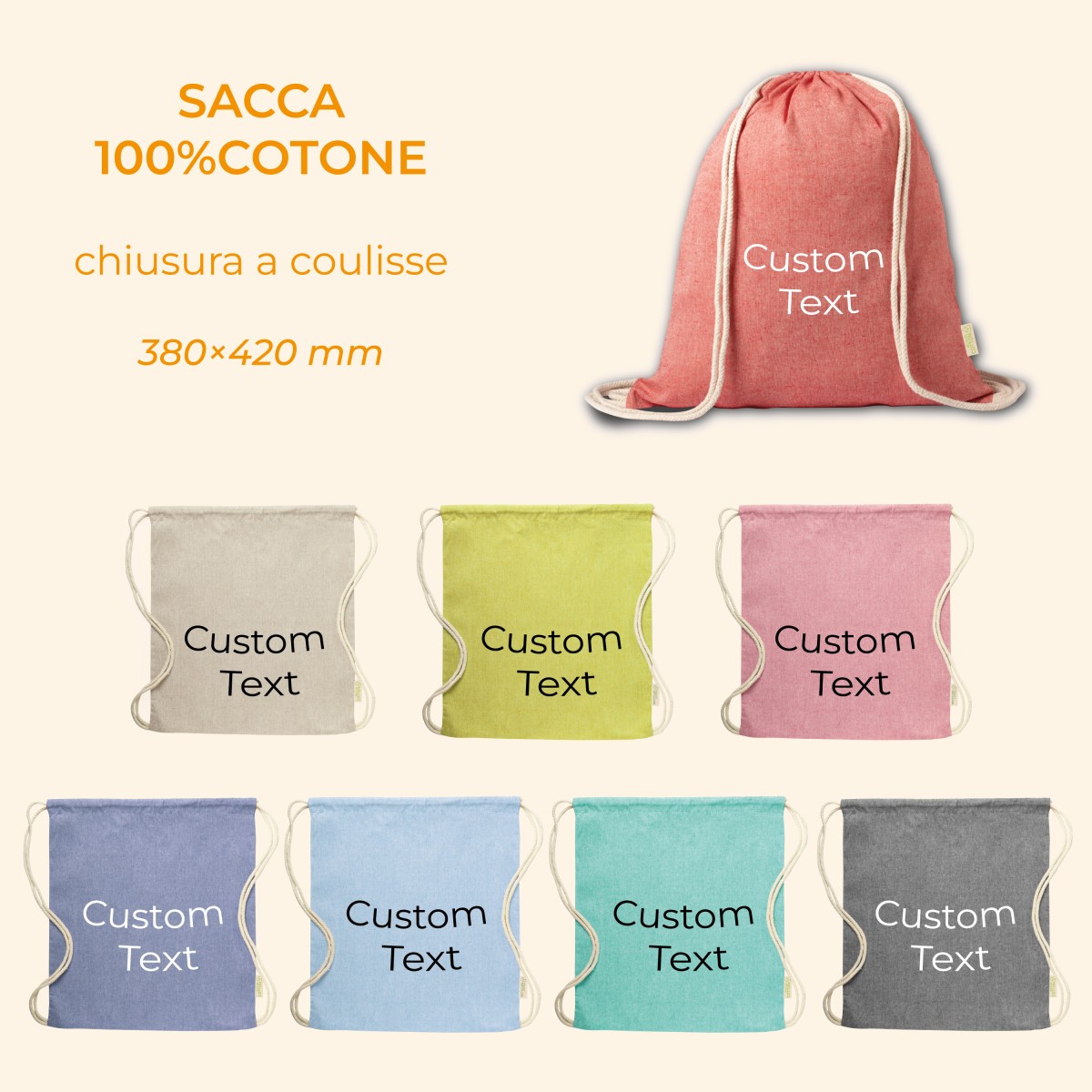 Sacca/Zaino KOREBY 100% Cotone con chiusura a coulisse Personalizzata
