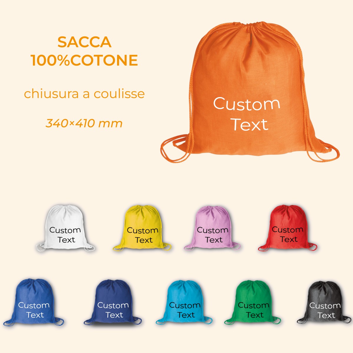 Sacca/Zaino KASSY 100% Cotone con Chiusura a Coulisse  Personalizzata