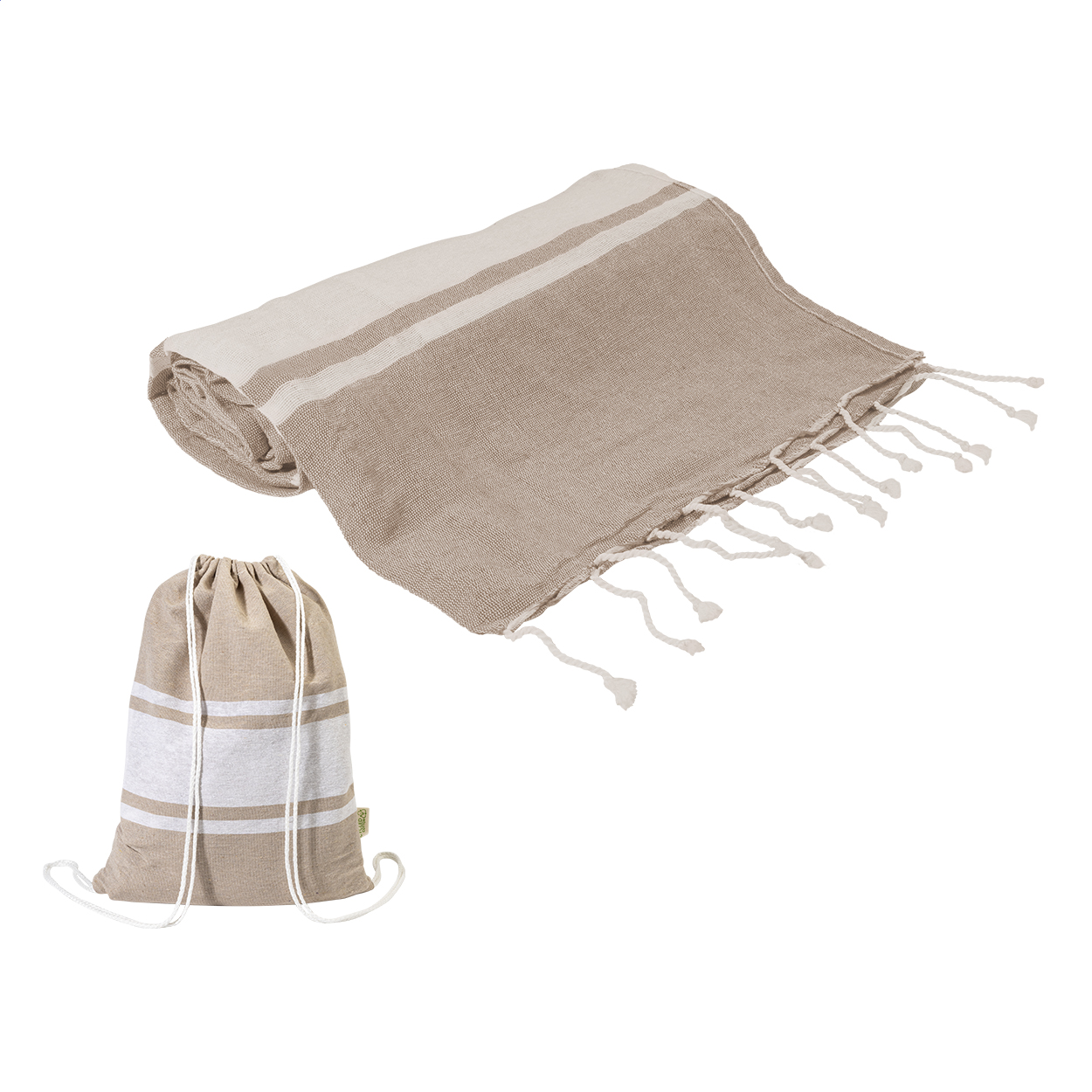 telo mare in cotone riciclato e sacchetto con chiusura a coulisse