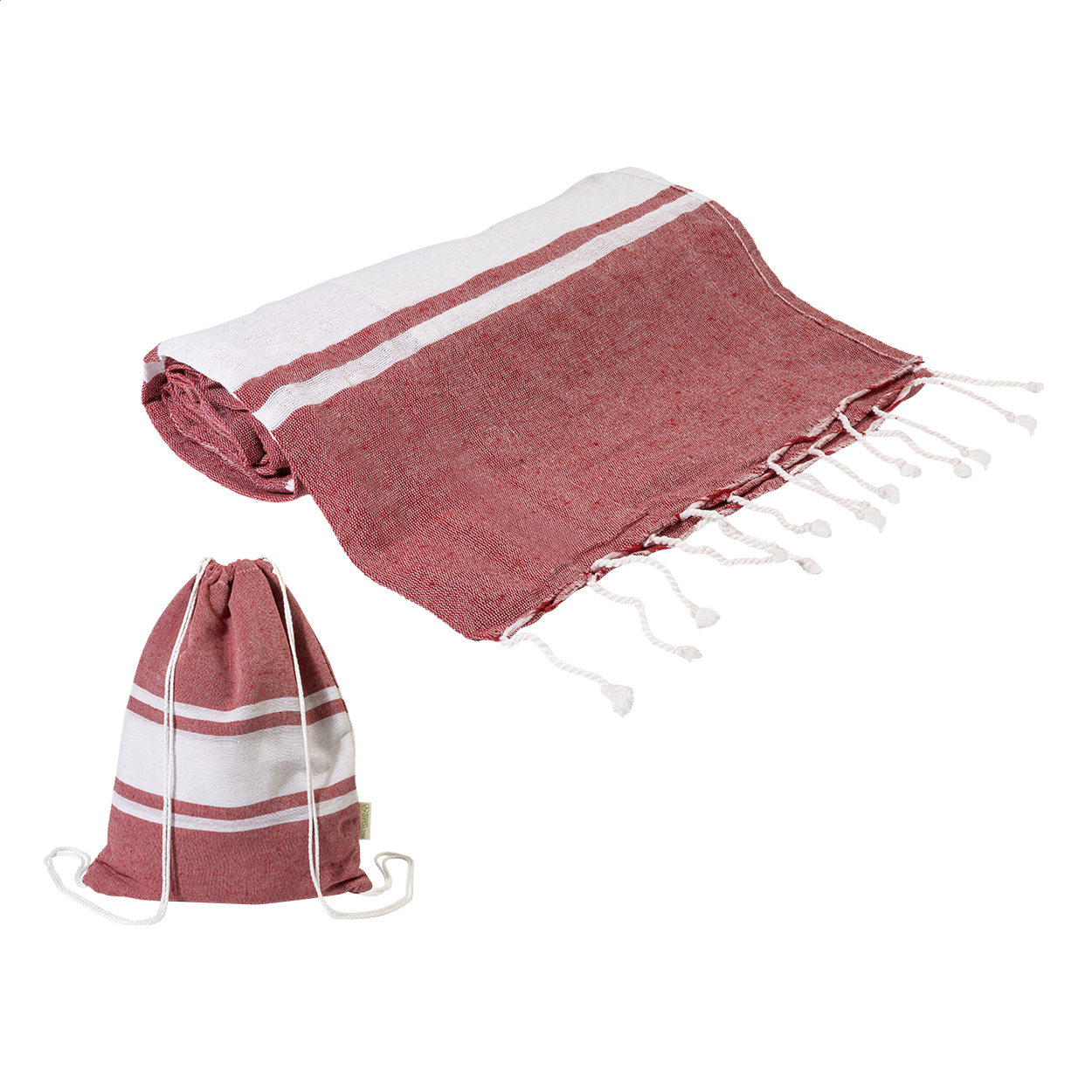telo mare in cotone riciclato e sacchetto con chiusura a coulisse