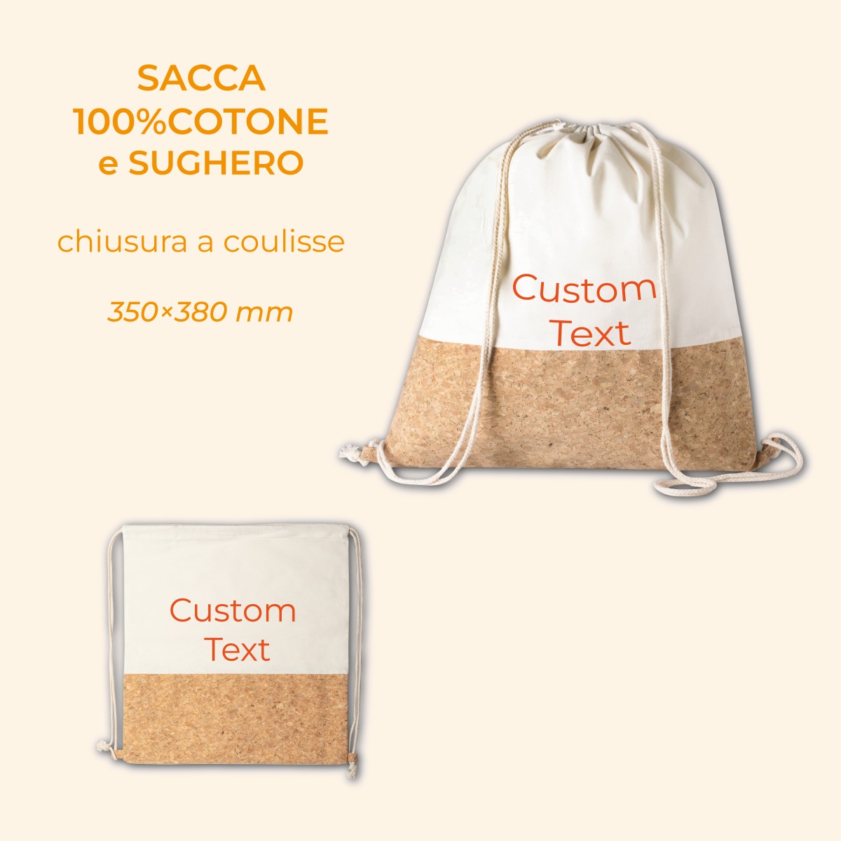 Sacca/Zaino COCOX con Chiusura a Coulisse in Cotone (145 g/m²) e Sughero Personalizzata